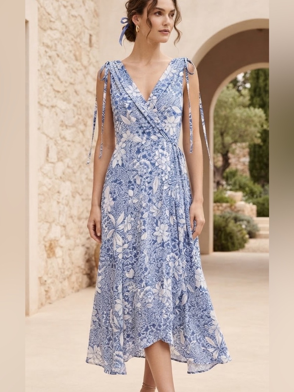 Taylor Blue and White Floral Tie-Shoulder Midi Dress